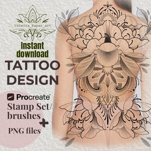 Pode incluir: Ilustração de um design de tatuagem floral para as costas, em preto e branco. O design é detalhado e intrincado. O texto diz "Download instantâneo TATTOO DESIGN" e "Procreate Stamp Set/brushes + arquivos PNG".
