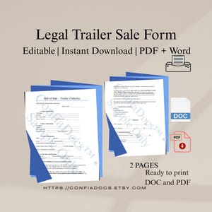 Puede incluir: Un formulario legal de venta de remolques, disponible para descarga instantánea en formatos PDF y Word. La imagen muestra dos páginas del formulario con detalles en azul, un icono de impresora e iconos de archivos DOC y PDF.