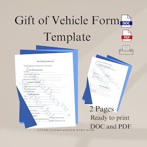 May include: A template for a Gift of Vehicle Form, featuring two pages with a blue border. The text includes "Gift of Vehicle Form Template", "2 Pages", and "Ready to print DOC and PDF". The Etsy shop URL is visible at the bottom.