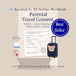 Puede incluir: Gráfico beige con el texto "Accepted by All Airlines Worldwide Parental Travel Consent". Incluye un documento, una maleta azul con cara de oso de peluche y una insignia de "Best Seller".