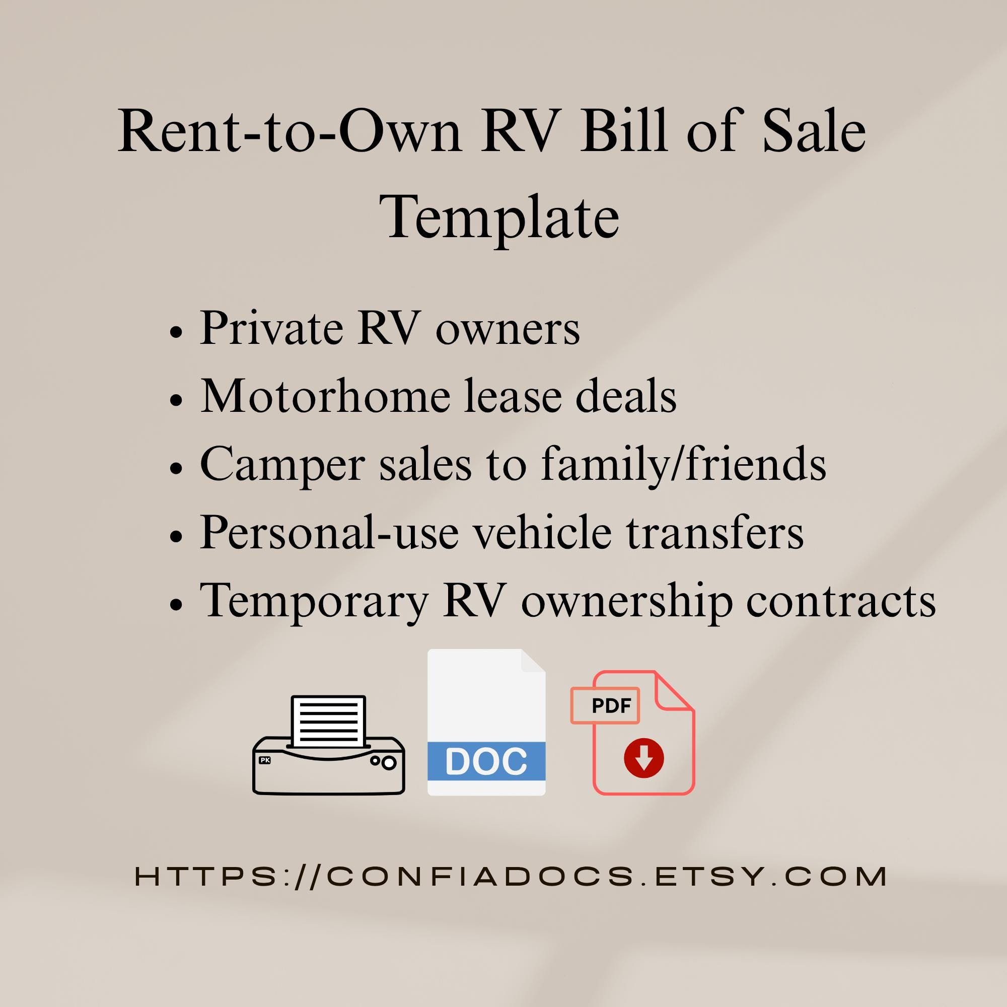 Rent-to-own RV Bill of Template | Editable Legal Contract (PDF & Word ...