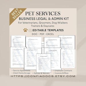 May include: A beige graphic featuring the text "PET SERVICES BUSINESS LEGAL & ADMIN KIT" for pet professionals. Includes editable templates for various forms and agreements. The image also includes the Etsy shop URL.
