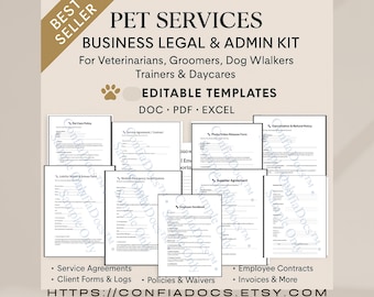May include: A beige graphic featuring the text "PET SERVICES BUSINESS LEGAL & ADMIN KIT" for pet professionals. Includes editable templates for various forms and agreements. The image also includes the Etsy shop URL.