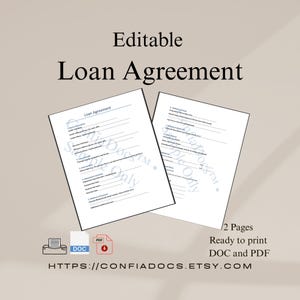 Puede incluir: Imagen de dos documentos editables de contrato de préstamo, listos para imprimir en formatos DOC y PDF. Los documentos son blancos con texto negro, y la imagen incluye el texto "Editable Loan Agreement" y la URL de la tienda Etsy.