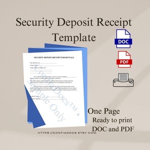 Può includere: Un modello di ricevuta di deposito cauzionale intitolato "Security Deposit Receipt Template". Il documento è pronto per la stampa nei formati DOC e PDF. L'immagine include un'icona DOC, un'icona PDF e un'icona della stampante.