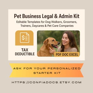Könnte beinhalten: Werbebild für ein rechtliches und administratives Kit für Tierunternehmen. Das Bild zeigt einen Golden Retriever mit einer Frau, ein Symbol für Steuerabzugsfähigkeit und den Text "PDF DOC EXCEL". Der Text "Fragen Sie nach Ihrem personalisierten Starter-Kit" ist ebenfalls enthalten.