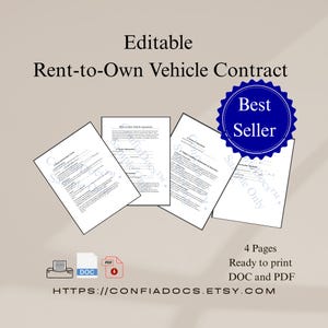 Puede incluir: Imagen de un contrato de alquiler con opción a compra de vehículos, con cuatro páginas de texto, una insignia azul de "Best Seller" e iconos de formato DOC y PDF. El texto incluye "Editable" y "Ready to print DOC and PDF". La dirección del sitio web también es visible.