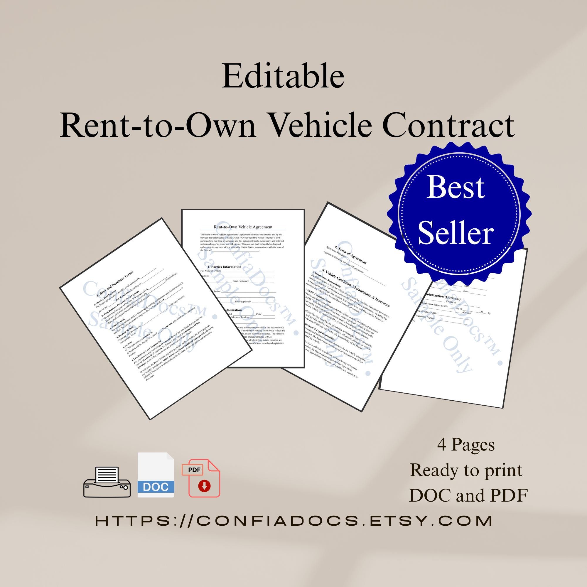 Rent to Own Car Contract Template: Editable Auto Lease Agreement (PDF ...