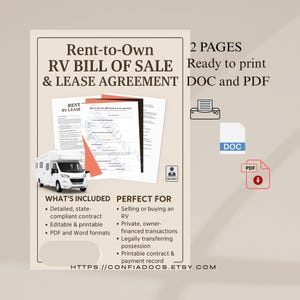 May include: A beige document with the text "Rent-to-Own RV Bill of Sale & Lease Agreement." The image includes a white RV illustration, a notary icon, and document icons. The text also includes "2 Pages Ready to print DOC and PDF."