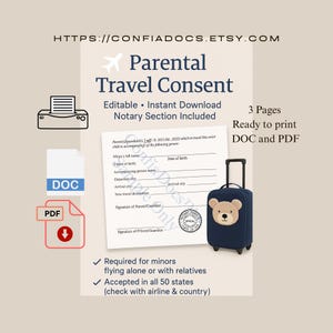 Carta de autorización para viajes de menores / Formulario de consentimiento parental / Plantilla editable en PDF y Word / Sección para notario incluida