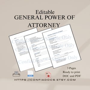 Könnte beinhalten: Drei weiße Seiten eines Generalvollmacht-Dokuments werden angezeigt, mit dem Text "Editable GENERAL POWER OF ATTORNEY" oben. Das Bild enthält Symbole für DOC- und PDF-Formate sowie die Website-Adresse HTTPS://CONFIADOCS.ETSY.COM.