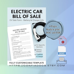 May include: An electric car bill of sale template with EV-specific sections, battery details, and charger condition information. The document is fully customizable and available in DOC and PDF formats. Includes a charging cable.