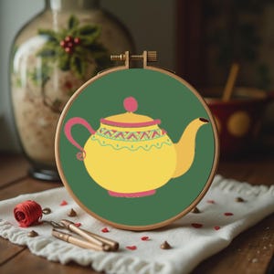 Yellow Teapot Cross Stitch Pattern - Floral Teapot- Instant PDF Download