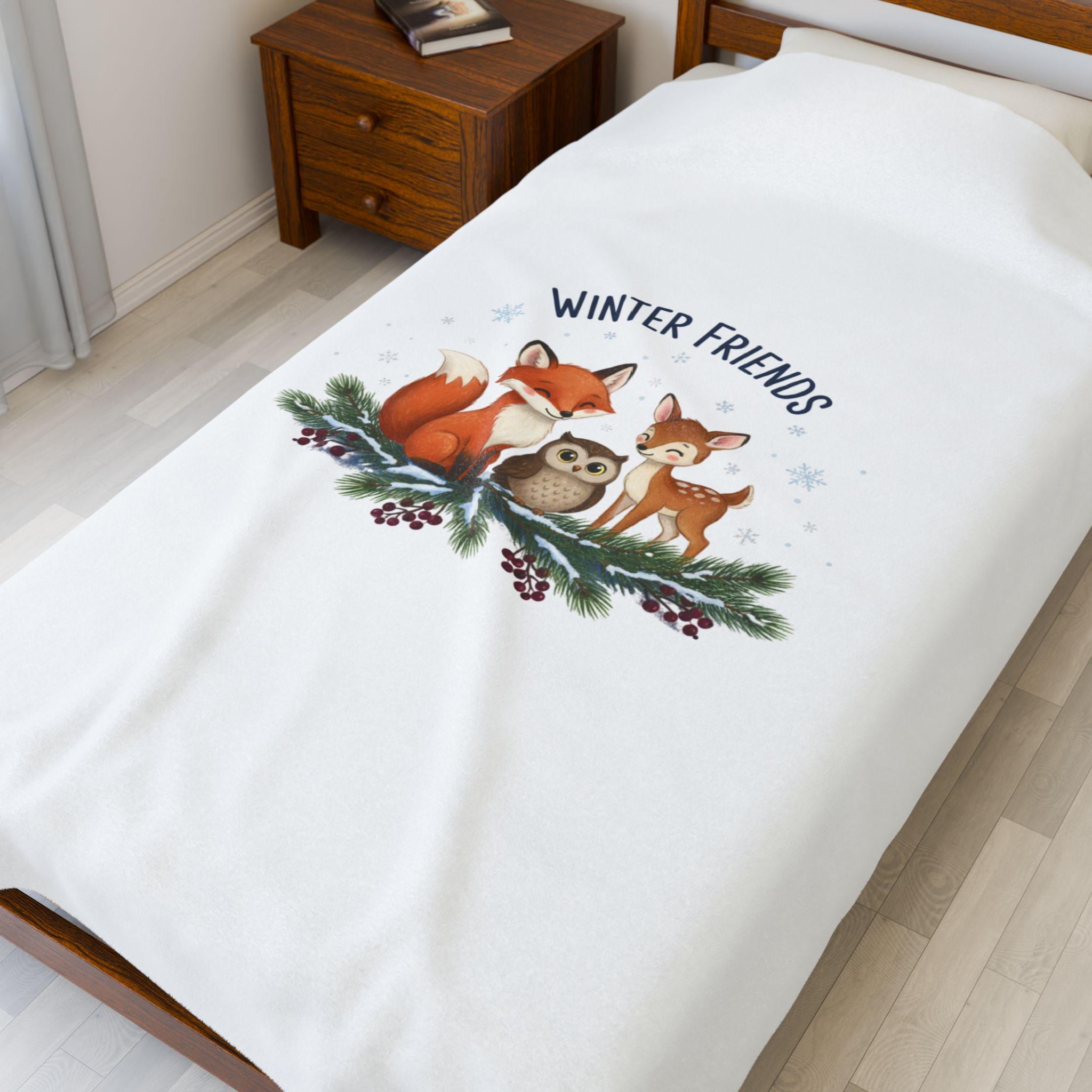 Winter Friends woodland fox owl blanket | cute winter animal, cozy holiday decor