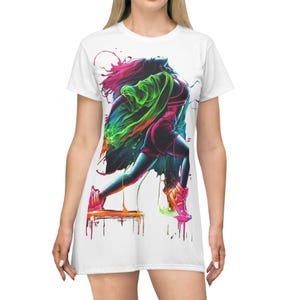 Vibrant Dance T-Shirt Dress, Perfect for Casual Outings, Summer Events, Gifts for Dance Lovers, Streetwear Essentials, Festival [...]
