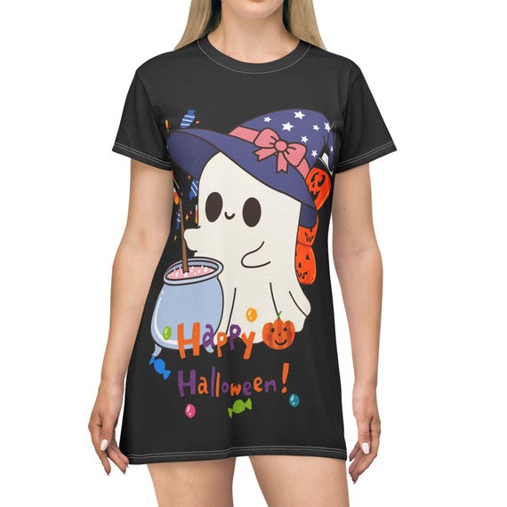 ghost t shirt dress Ghost Halloween T-Shirt Dress, Spooky Fall AOP Design