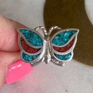 Vintage Sterling Silver Southwestern Butterfly Ring With Crushed Turquoise Size 5.5