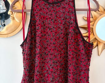 Top de seda con cuentas de Adrianna Papell – Rojo y negro, estilo vintage de los años 90, talla grande.