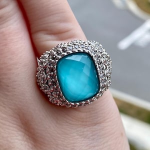 Judith Ripka Signed Designer Sterling Silver Turquoise Doublet Diamonique Ring Size 7 Marked 925 Thailand