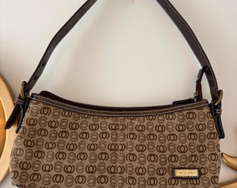Bolso de hombro pequeño Minicci Vintage Y2K de lona marrón con estampado geométrico y piel sintética.