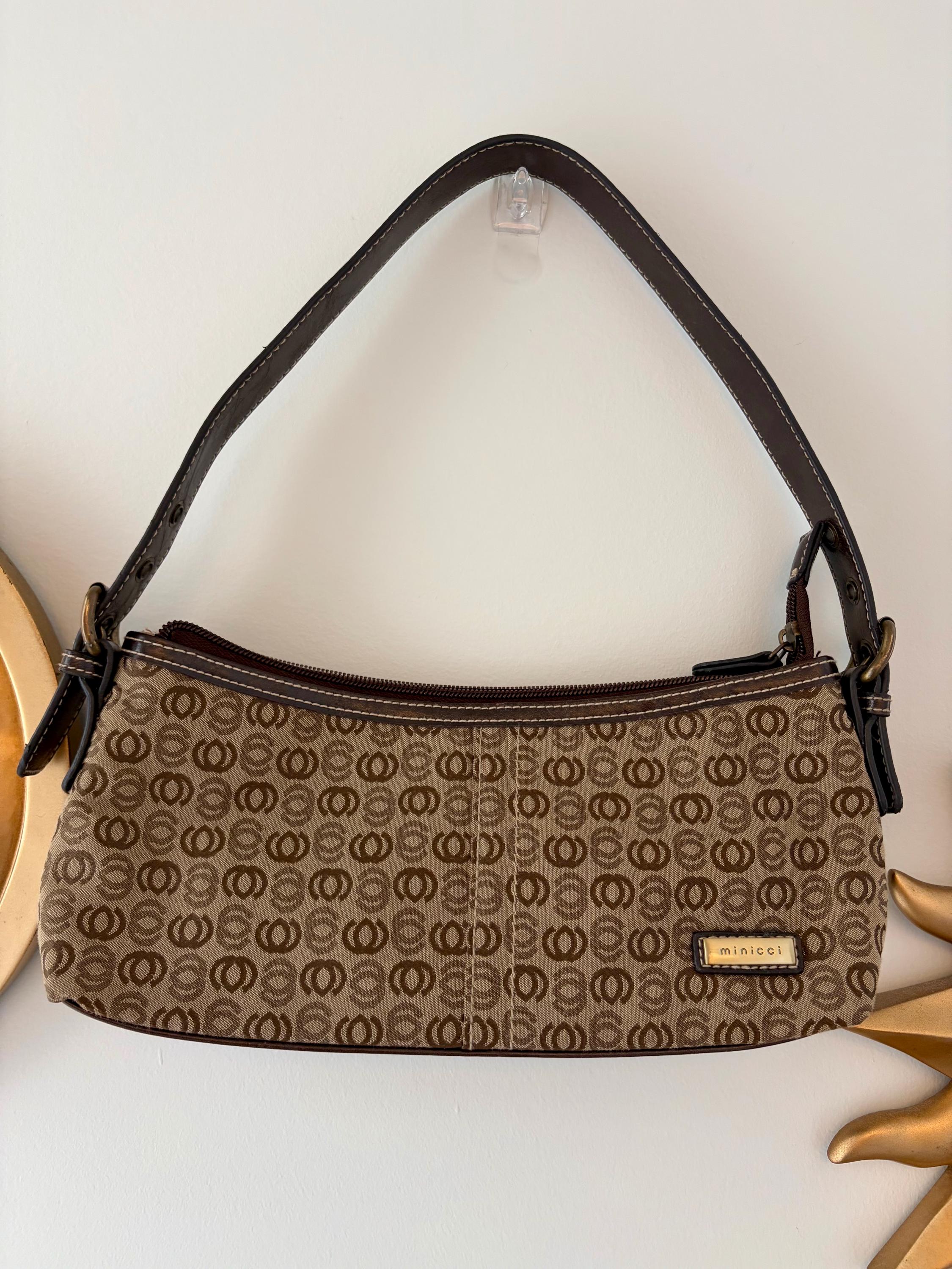 Minicci Vintage Y2K Brown Geometric Patterned Canvas and Faux