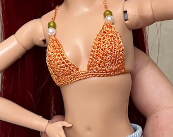 Handmade Orange Crochet Top With Beads For Dolls