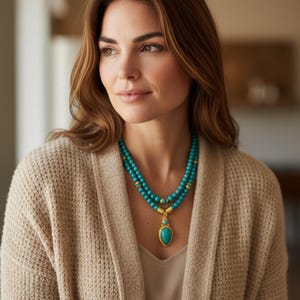May include: A double-strand necklace featuring round turquoise beads and gold-toned spacers. The necklace includes a central teardrop-shaped turquoise pendant set in a gold-toned frame, suspended from a gold-toned connector piece on the lower strand.