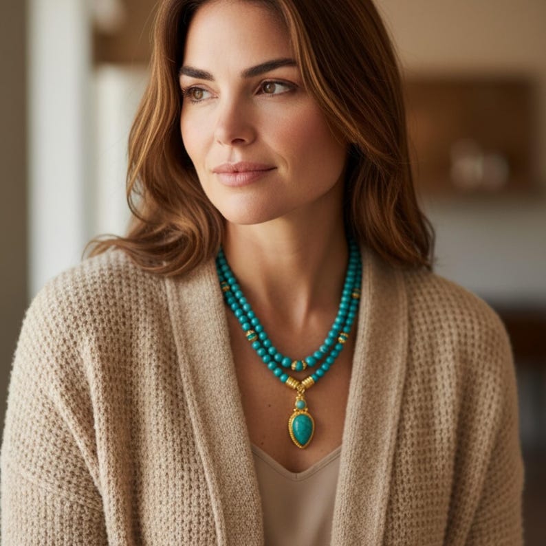 May include: A double-strand necklace featuring round turquoise beads and gold-toned spacers. The necklace includes a central teardrop-shaped turquoise pendant set in a gold-toned frame, suspended from a gold-toned connector piece on the lower strand.