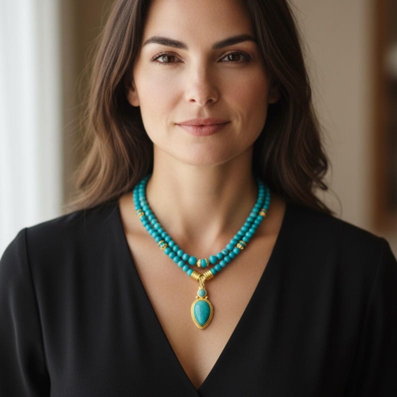 May include: A double-strand turquoise beaded necklace featuring round turquoise beads, gold-toned metal spacers, and a central teardrop-shaped turquoise pendant set in a gold-toned frame, worn over a plain black V-neck top.