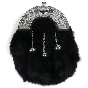 Handmade Scottish Full Dress Sporran – Black Bovine Fur – Silver Celtic Cantle – Kilt Sporran with Chain Belt