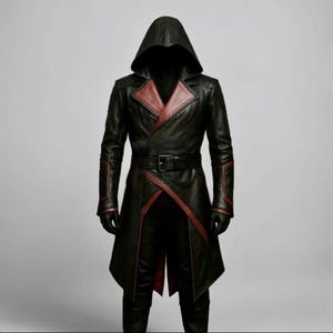 Handmade Hooded Assassin Leather Coat | Custom Steampunk Trench Jacket | Black & Brown Genuine Leather Medieval Cosplay Coat for Men