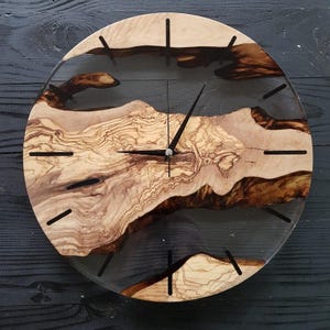 Custom Resin & Olive Wood Wall Clock | Live Edge Epoxy Wall Art | Rustic Transparent Wood Clock | Handmade Silent Clock