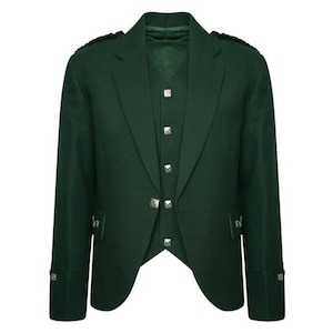 Veste kilt à losanges vert écossais avec gilet | Veste Highland en laine personnalisée pour homme | Ensemble kilt de mariage | Poitrine 34 à 54 pouces