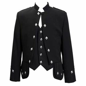 Schottische Herren Doublette Kiltjacke & Weste aus schwarzer Wolle - Sheriffmuir Hochzeit Kiltjacke im Militärstil - Größen 34-54