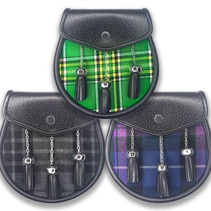 Custom Scottish Clan Semi Dress Sporran – 50+ Tartan Options – Handmade Leather Kilt Accessory – Celtic Highland Outfit