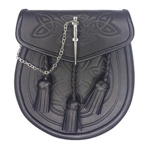 Black Leather Kilt Sporran with Chain | Handmade Celtic Day Sporran for Men | Embossed Scottish Kilt Accessory | 3 Tassel Design