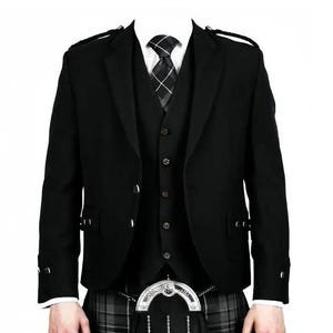 Schottische Kiltjacke aus schwarzer Wolle mit Argyle-Weste – Maßgeschneiderte Highland-Hochzeitsjacke für Männer – Brustgrößen 34 &quot;bis 54&quot;