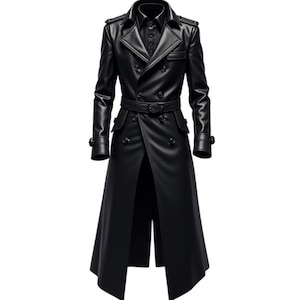 Trench long en cuir noir - Pardessus à double boutonnage ceinturé | Veste intégrale gothique, Matrix, Steampunk, Cyberpunk