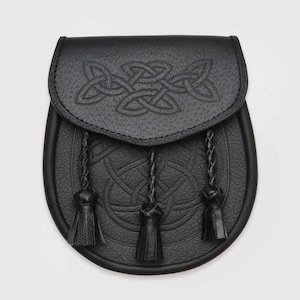 Hand Engraved Black Leather Kilt Sporran with Belt | Celtic Day Sporran | Scottish Highland Accessory | Formal Kilt Outfit