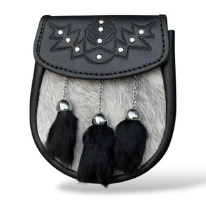 Premium Black Leather Grey Fur Kilt Sporran – Handmade Celtic Sporran with Chain – Scottish Semi Dress Sporran for Men