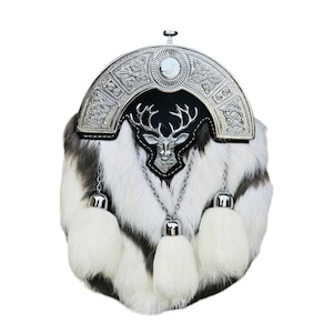 Scottish Handmade Stag Head Kilt Sporran | Fur Sporran for Men | Chrome Thistle Wedding Sporran | Highland Dress Accessory