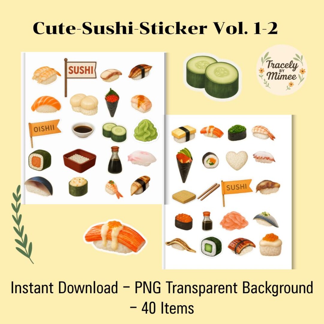 Cute Sushi Sticker Set – 40 PNG Files – Kawaii Food Stickers for ...