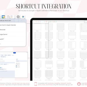 以下が含まれることがあります： Apple Calendar、リマインダー、Google Gemini、ChatGPTのショートカット統合メニューを表示するデジタルプランナーインターフェース。画面には、罫線、方眼、列レイアウトなど、さまざまなページテンプレートのグリッドが表示されています。