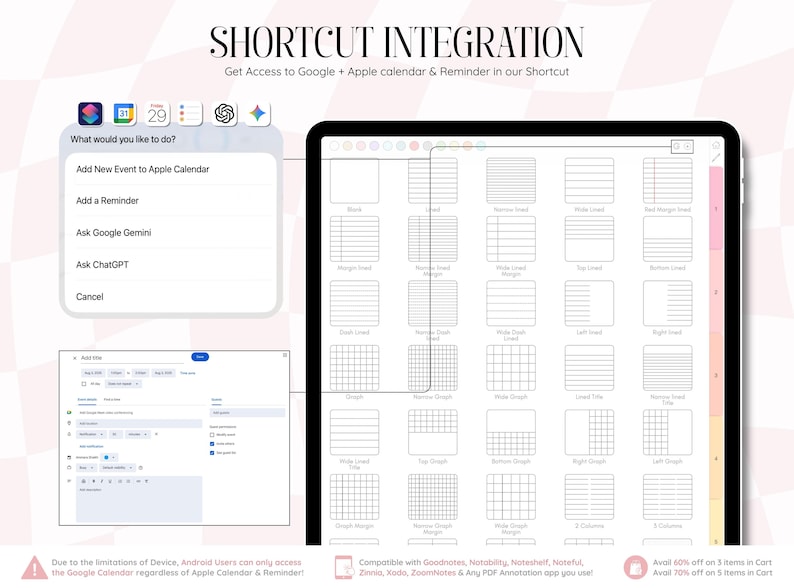 以下が含まれることがあります： Apple Calendar、リマインダー、Google Gemini、ChatGPTのショートカット統合メニューを表示するデジタルプランナーインターフェース。画面には、罫線、方眼、列レイアウトなど、さまざまなページテンプレートのグリッドが表示されています。