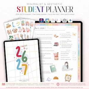 May include: A digital student planner displayed on two tablet screens. The left screen shows a cover with the text 26 27 and You Can Do It. The right screen displays a daily schedule for Jan 1, 2026, with watercolor illustrations, task lists, and tabs.