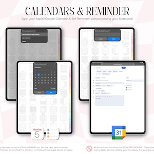 以下が含まれることがあります： CALENDARS & REMINDERというテキストが表示されたタブレット上のデジタルプランナーインターフェース。画面にはカレンダー統合メニュー、日付選択ポップアップ、グリッドレイアウトと整理用のカラフルなサイドタブを備えたイベントスケジュールフォームが表示されています。