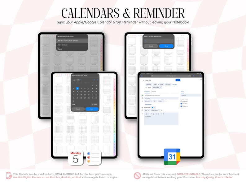 以下が含まれることがあります： CALENDARS & REMINDERというテキストが表示されたタブレット上のデジタルプランナーインターフェース。画面にはカレンダー統合メニュー、日付選択ポップアップ、グリッドレイアウトと整理用のカラフルなサイドタブを備えたイベントスケジュールフォームが表示されています。