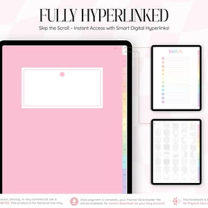 以下が含まれることがあります： タブレット画面に表示されたデジタルプランナー。無地のピンク色の表紙に白い長方形のラベルが付いています。インターフェースには番号付きタブのあるサイドナビゲーションバーが含まれています。他の2つの画面ビューには、インデックスとグリッドレイアウトが表示されています。