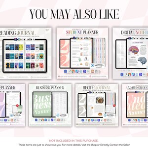 May include: A collection of seven digital planners and journals including a Reading Journal, Student Planner, Digital Notebook, ADHD Planner, Business Planner, Recipe Journal, and Undated Student Planner, each displaying internal page layouts.