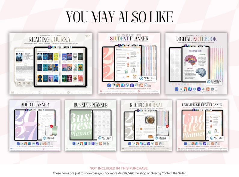 May include: A collection of seven digital planners and journals including a Reading Journal, Student Planner, Digital Notebook, ADHD Planner, Business Planner, Recipe Journal, and Undated Student Planner, each displaying internal page layouts.